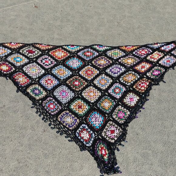 Crocheted Colourful Granny Square Scarf Wrap with Beads - Picture 4 of 8